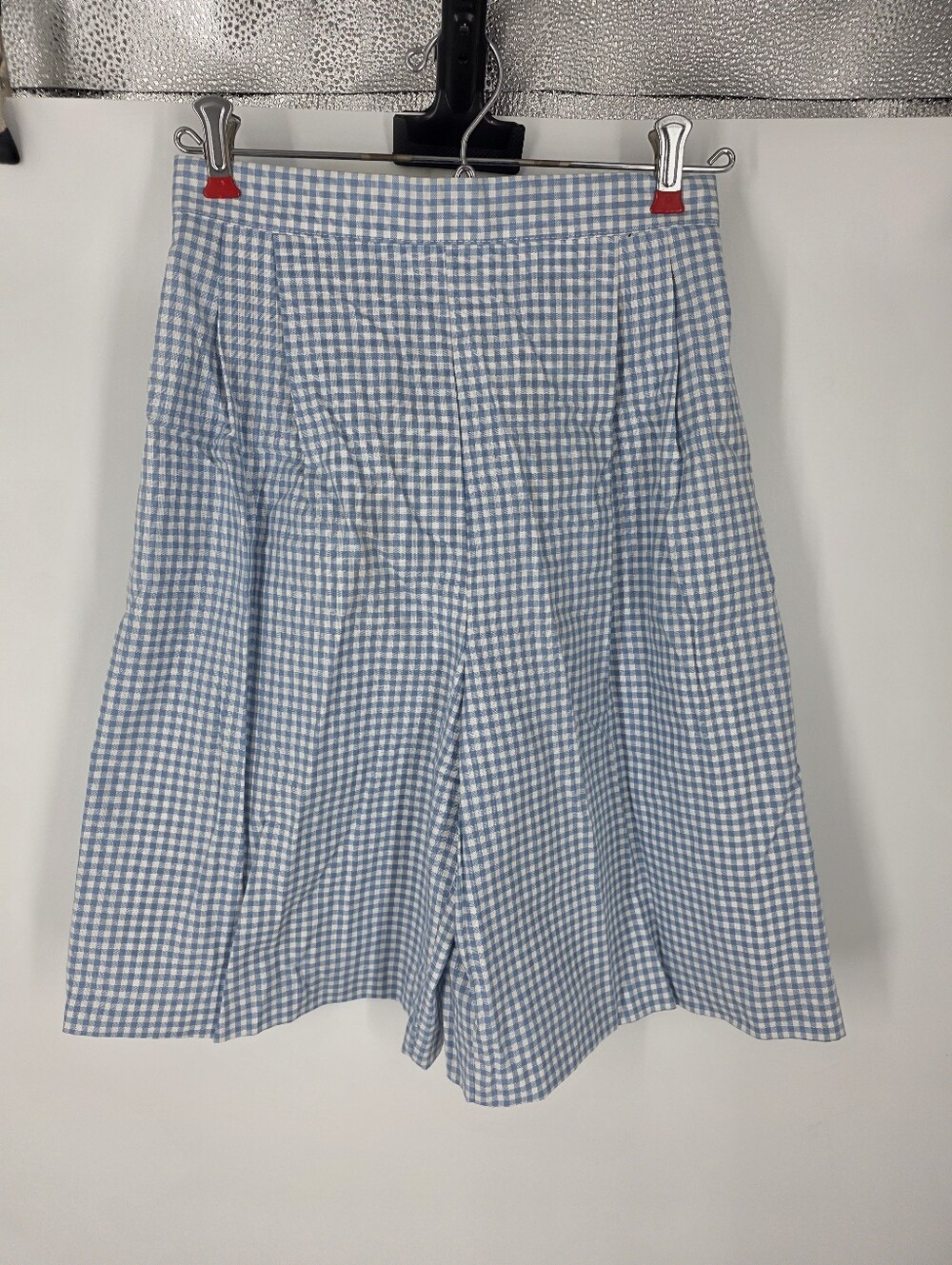 Vintage Amana Woolen Mill Gingham Shorts Womens S Blue White High Waist Pleated